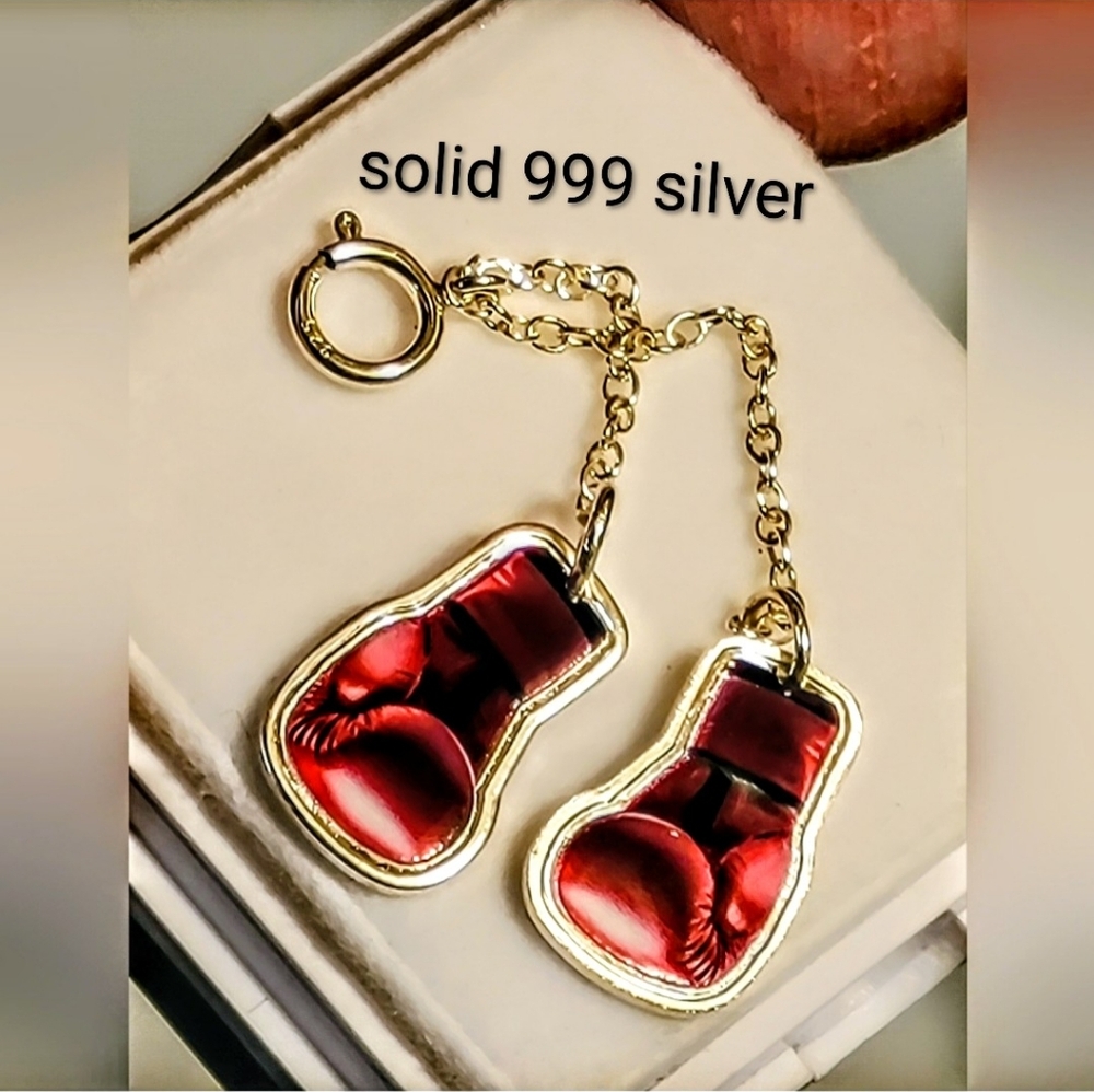 🥊 .999 Fine Silver Boxing Gloves Pendant - New - 925 Necklace & Bail